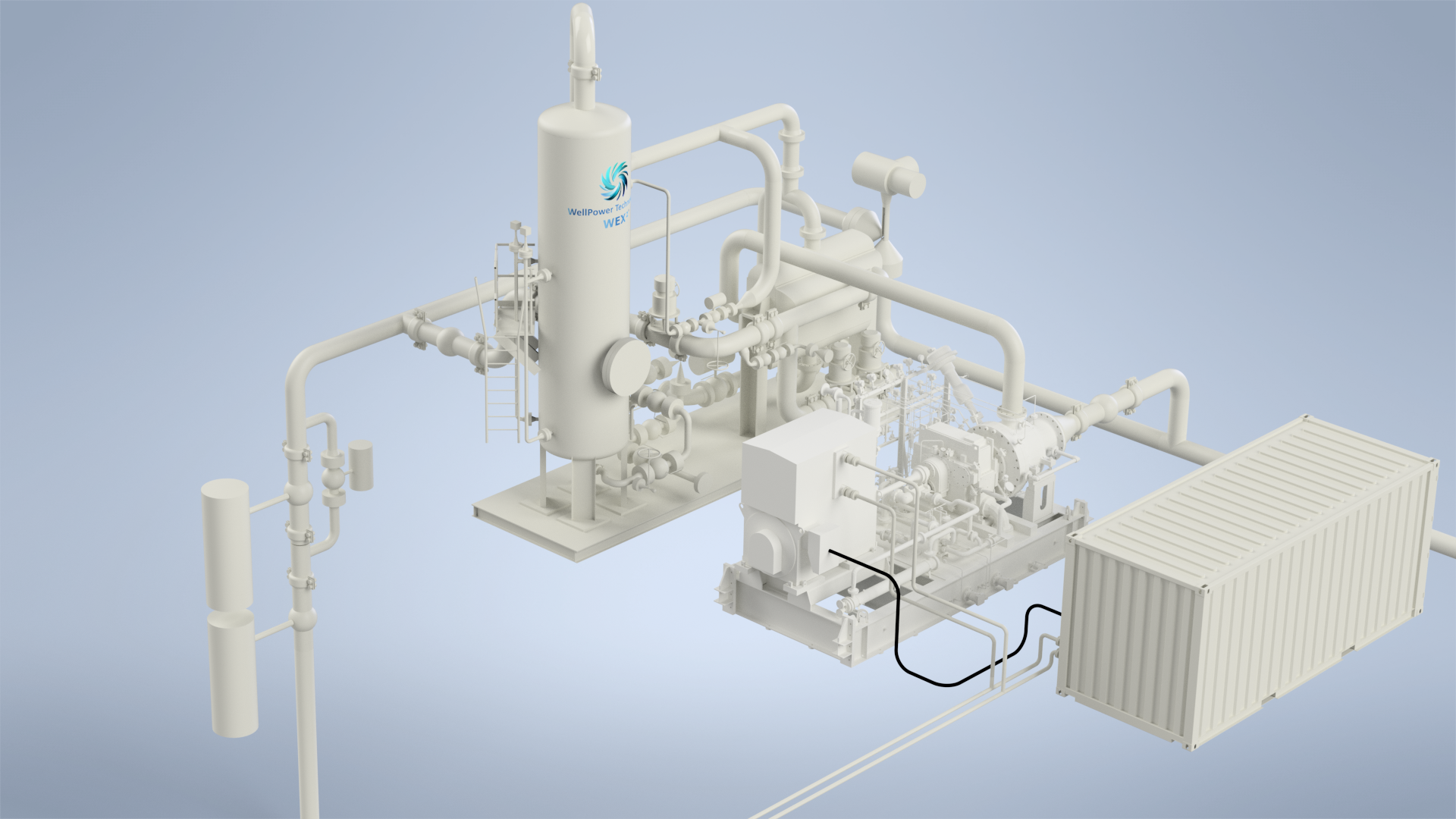 Original WEX² equipment render showing the process module, turboexpander-generator and power control system